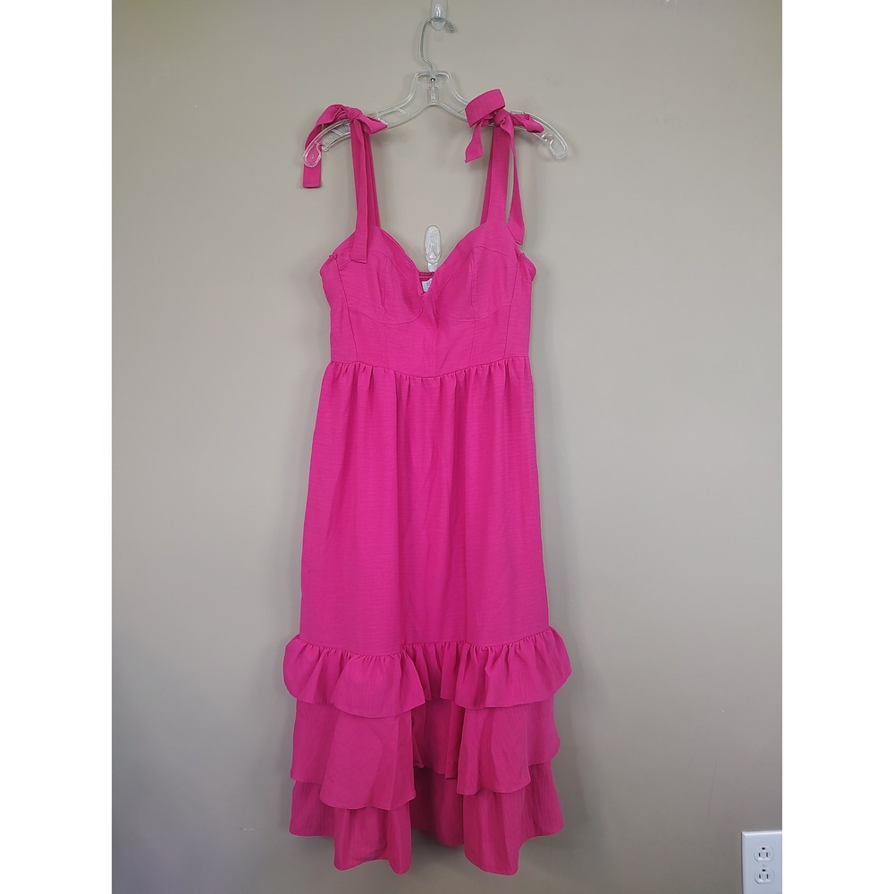 Sofia Jeans by Sofia Vergara Hot Pink Tiered Ruffle Midi Dress Size L Smocked